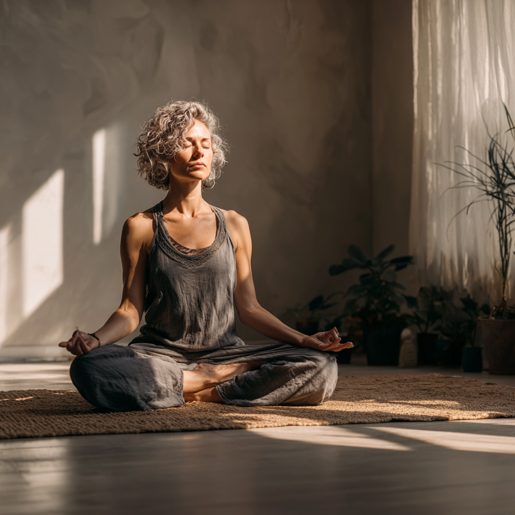 Group of smiling Romanian adults of various ages practicing yoga together in a peaceful outdoor setting