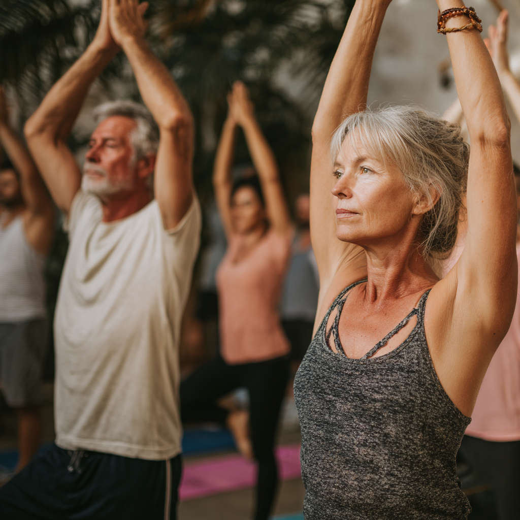 Active Romanian adults over 40 practicing gentle yoga poses in a welcoming community setting